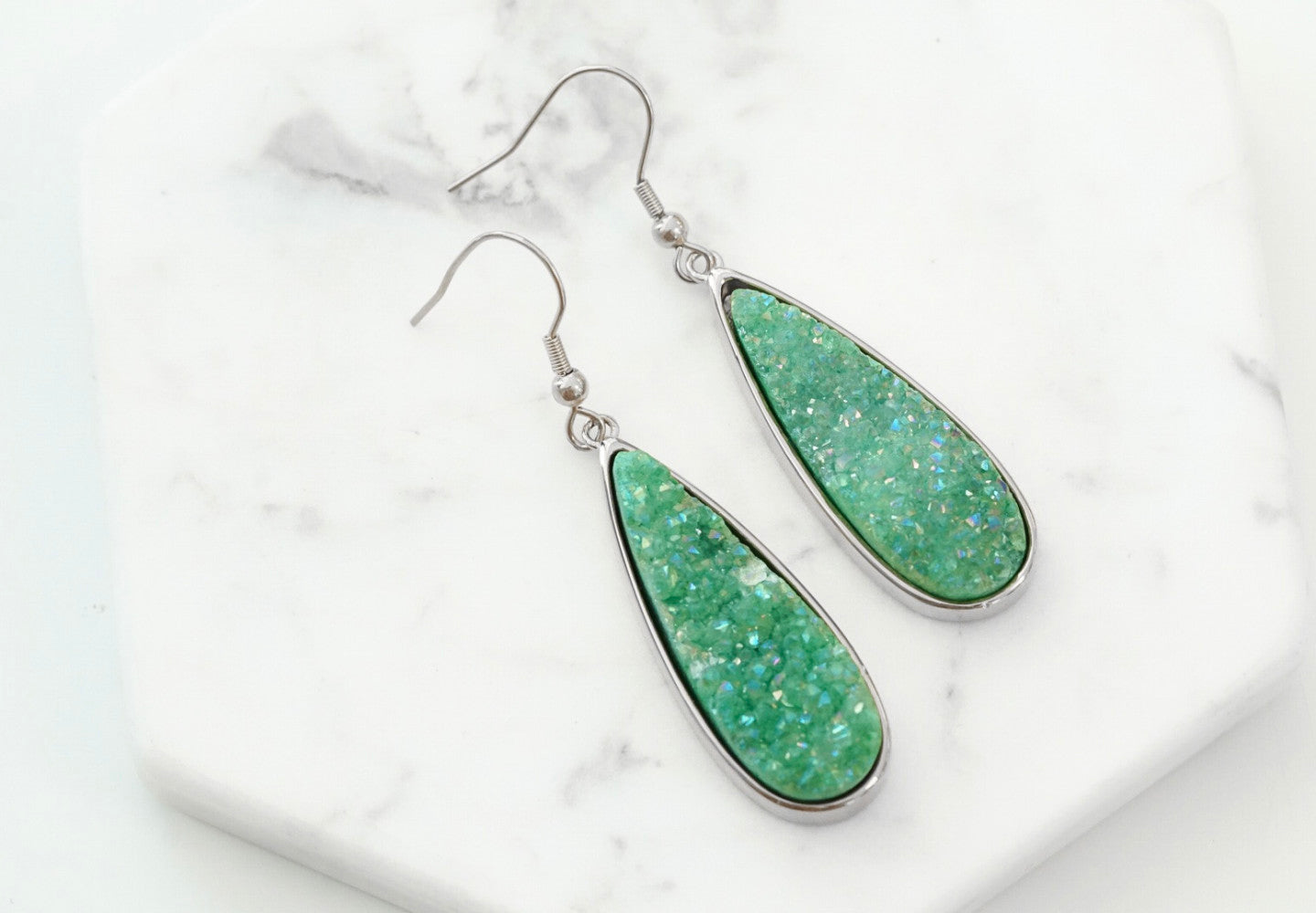 Druzy Collection - Silver Jade Quartz Drop Earrings (Unique)